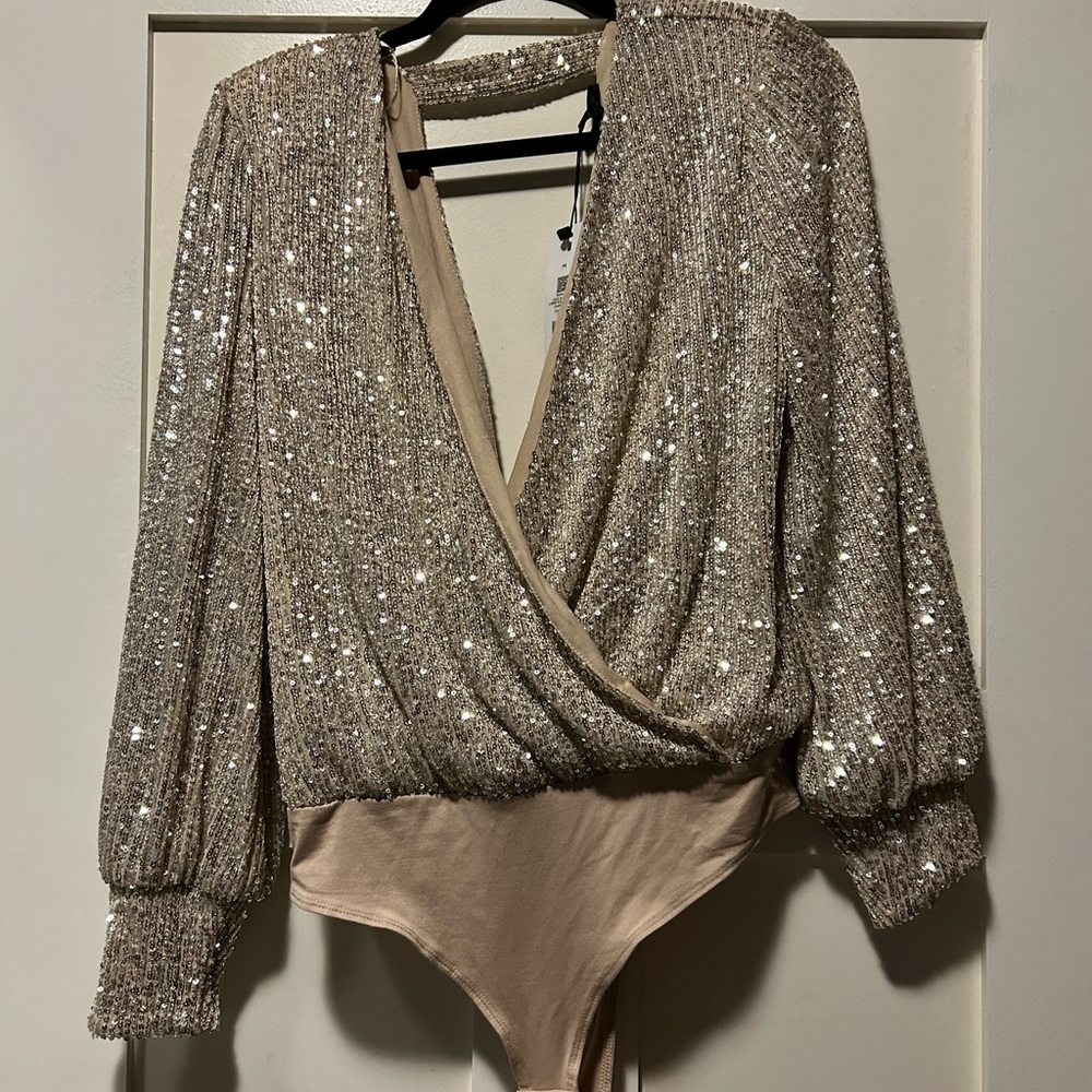 Dynamite Sparkling Beige Sequin Bodysuit